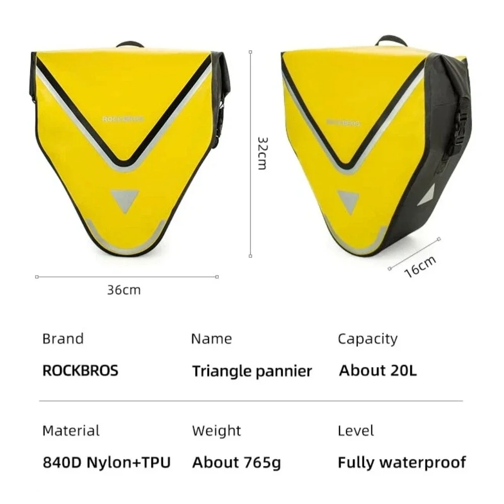 Rockbros Waterproof Bike Pannier Bags 20L Yellow Rear Rack Triangle Bag Set NEW